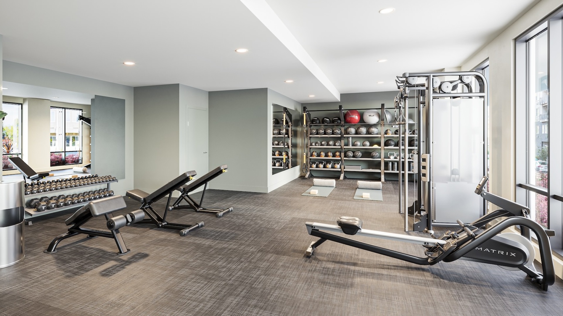 Large fitness center with large windows 