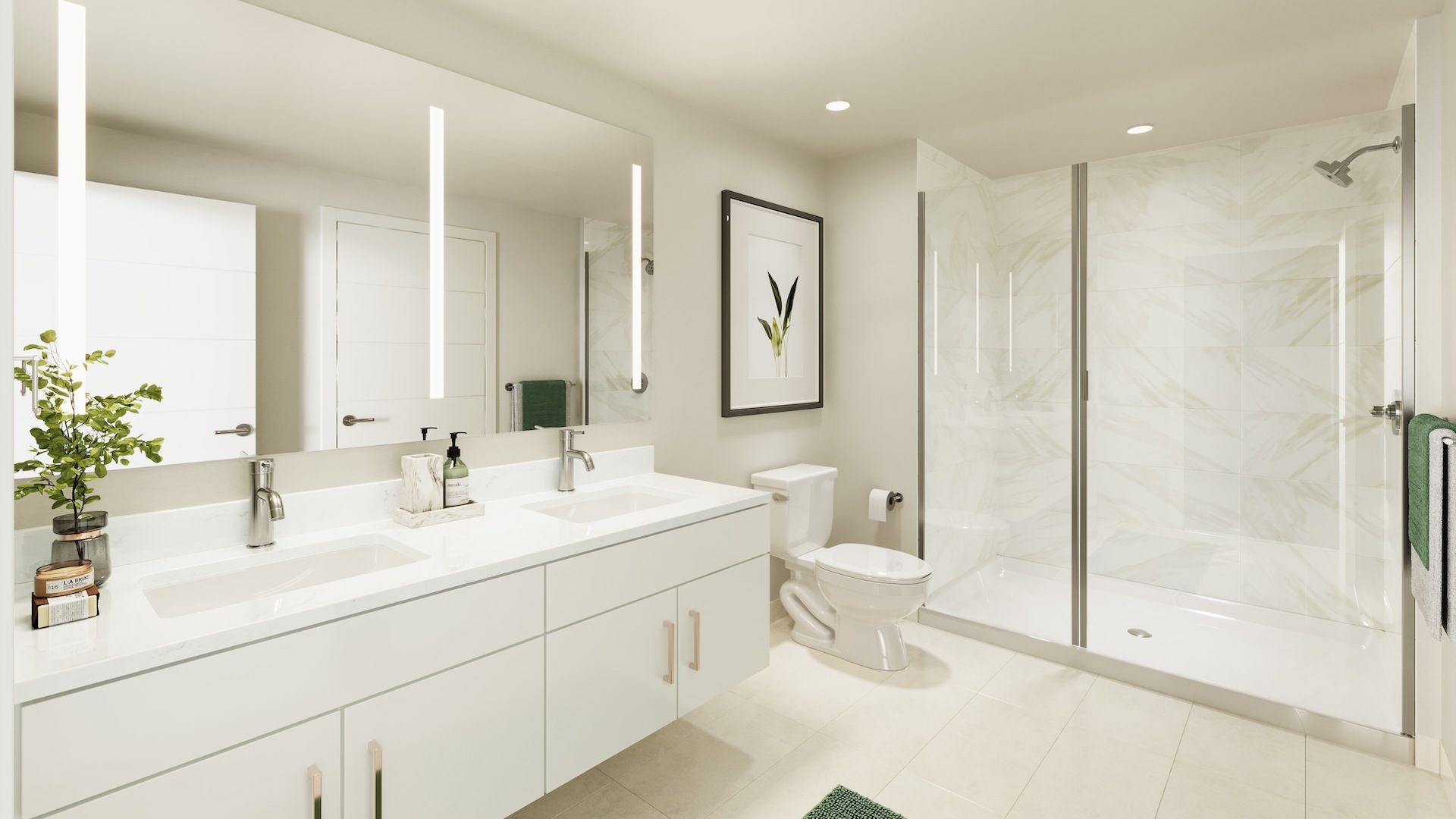 Large well lit bathroom with white accents 