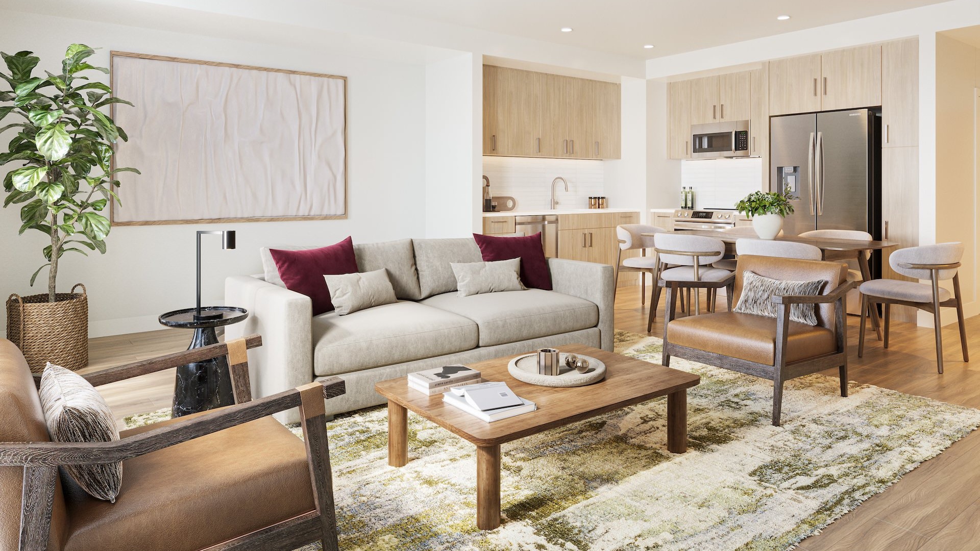 Large well lit living room with large windows