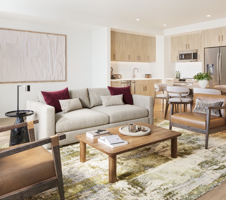 Large well lit living room with large windows