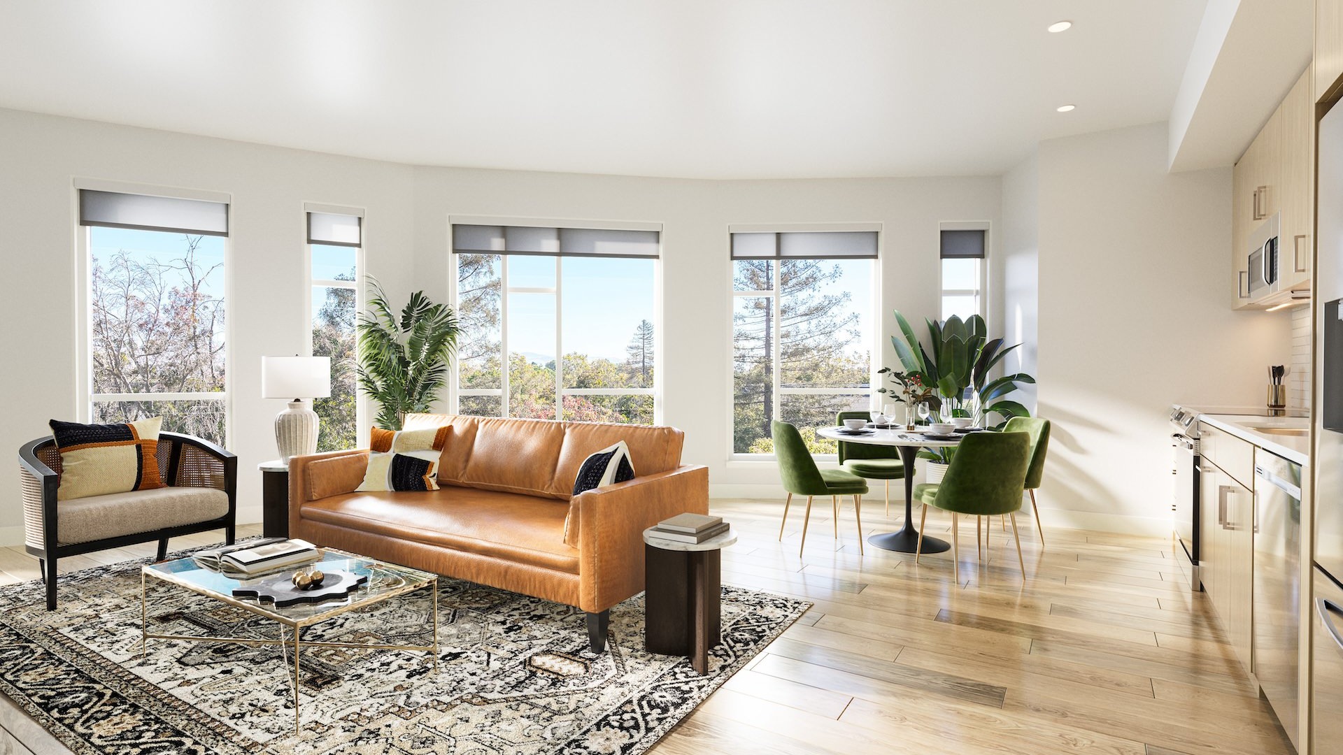 Large well lit living room with large windows