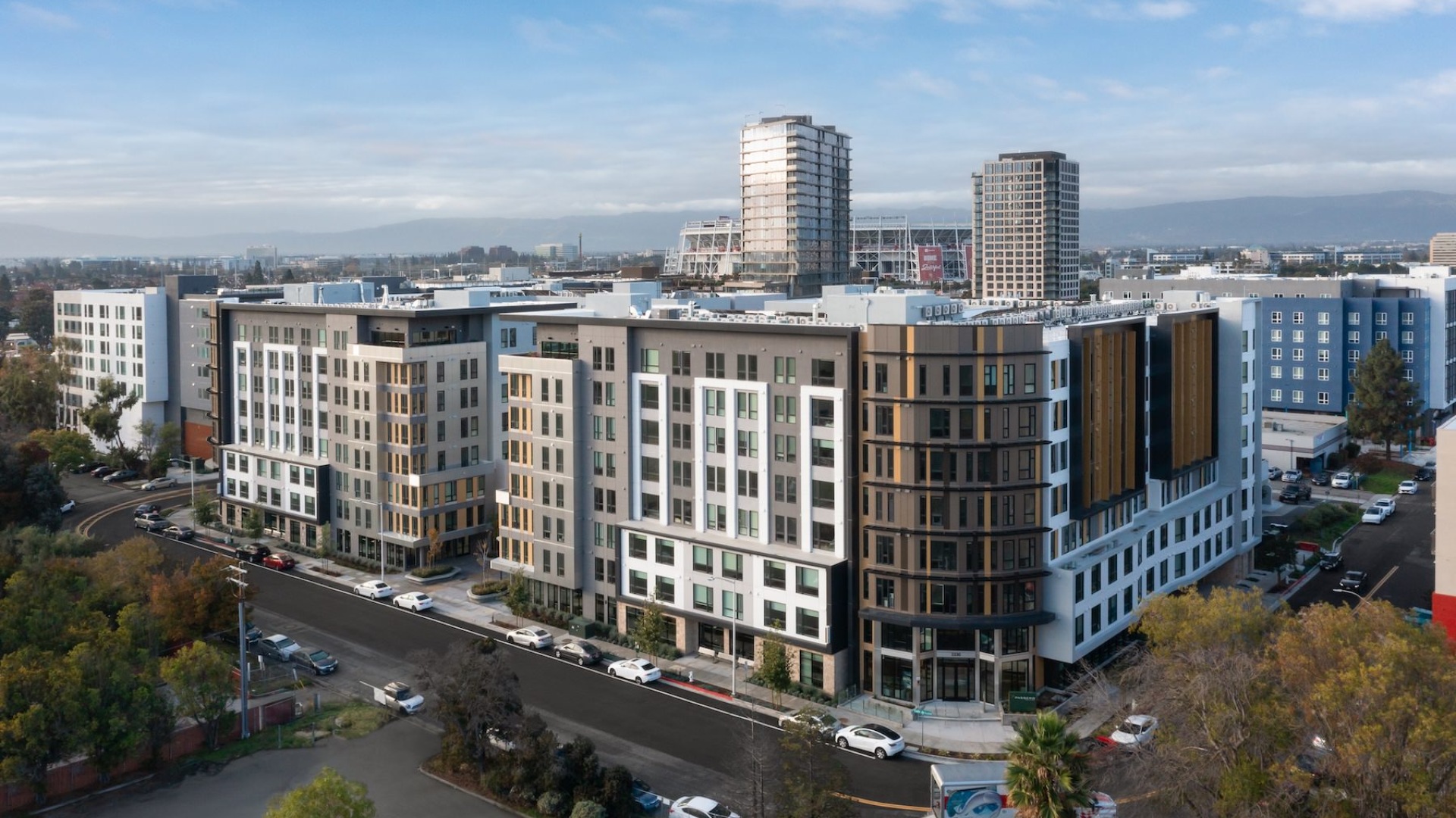 an aerial view of a large building