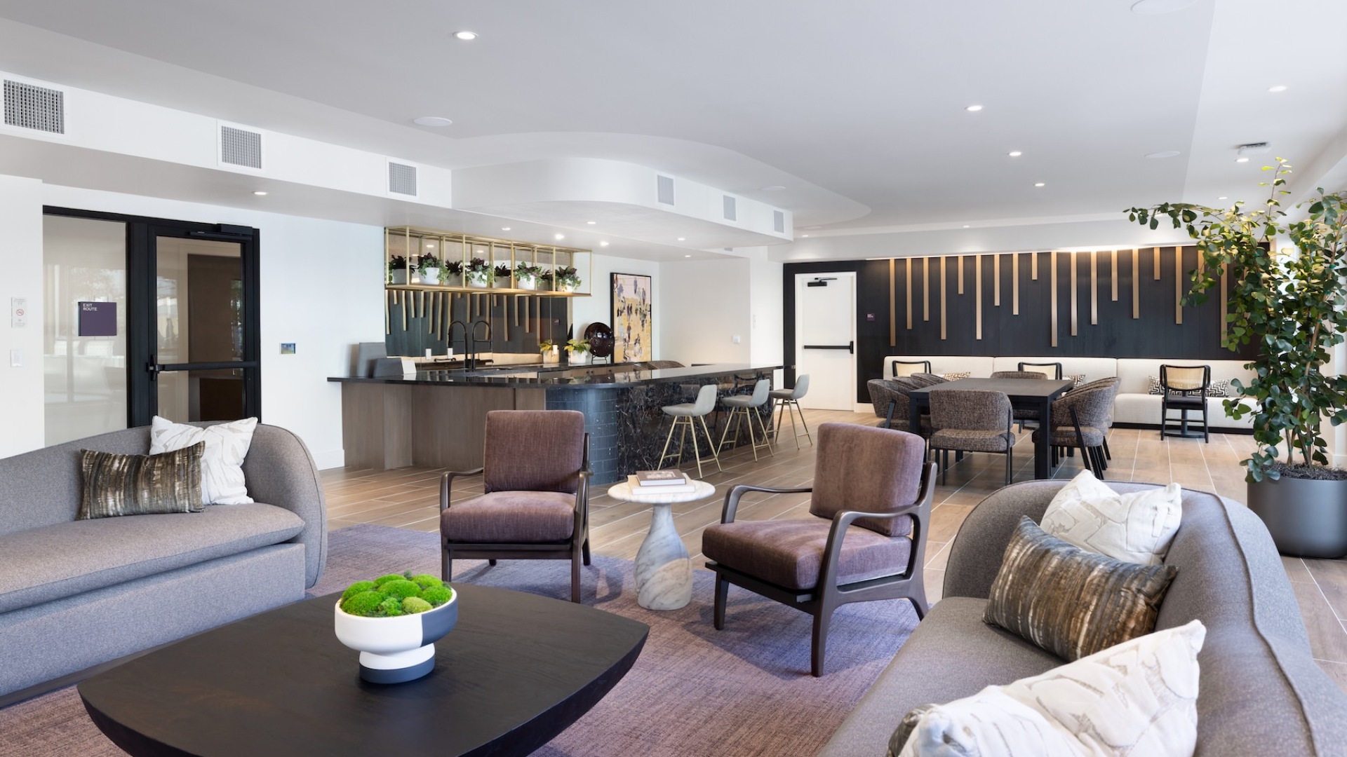 a clubroom with couches, tables and chairs